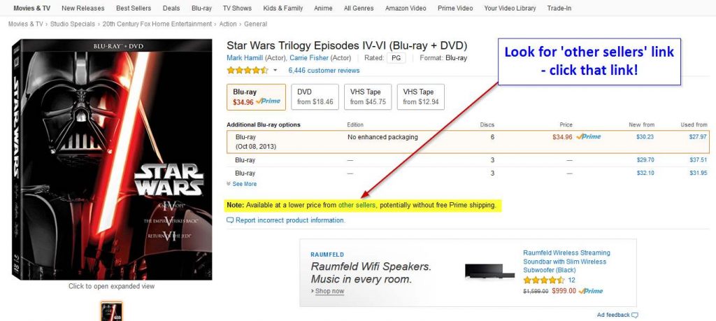 Save money on Amazon.com: Look for the text:  Note: Available at a lower price from other sellers, potentially without free Prime shipping.
