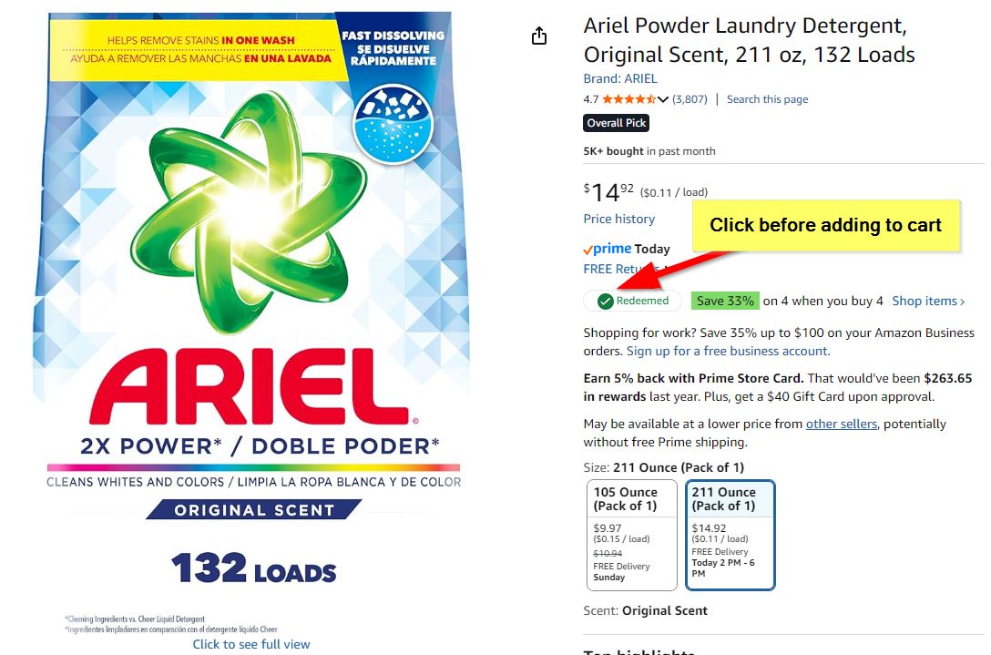 Save 33% on Ariel Laundry Detergent – 7.6 cents per load